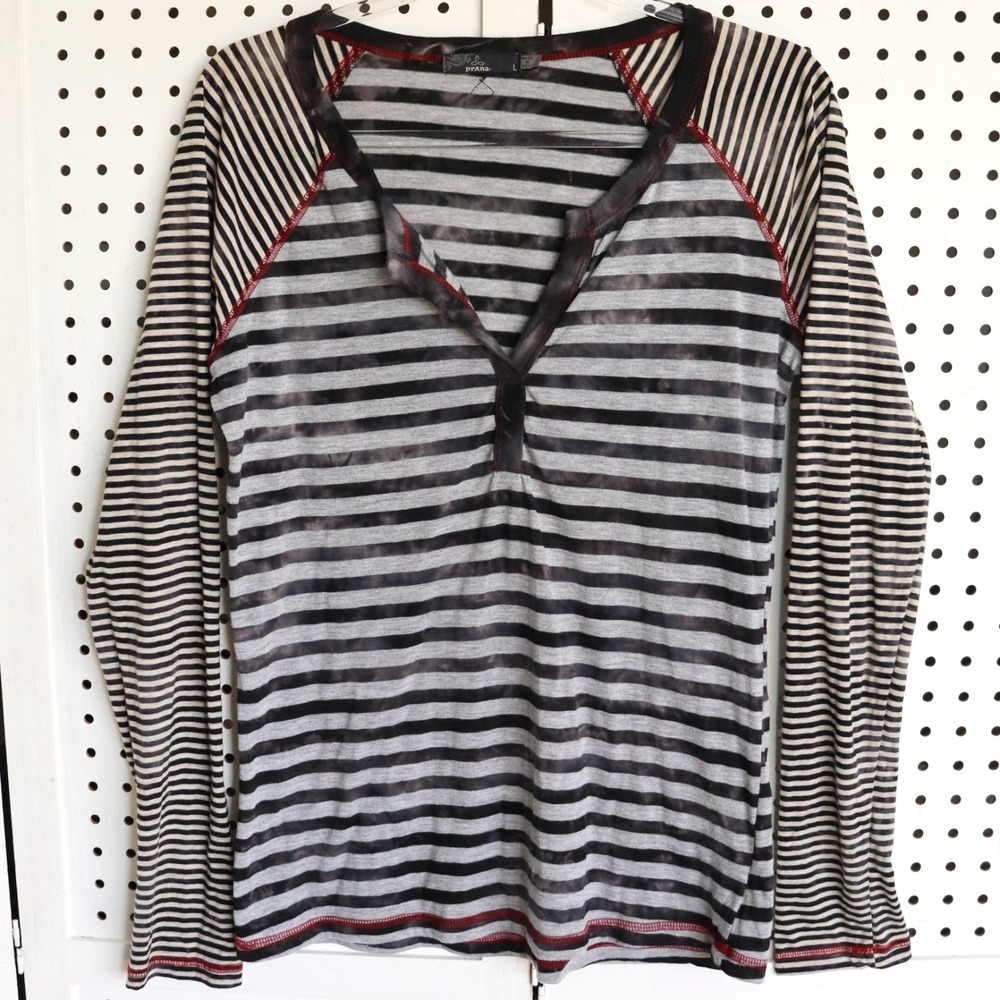 Prana Zoe Henley Striped Thin Lightweight LS Top Womens SIZE L Black Grey Red